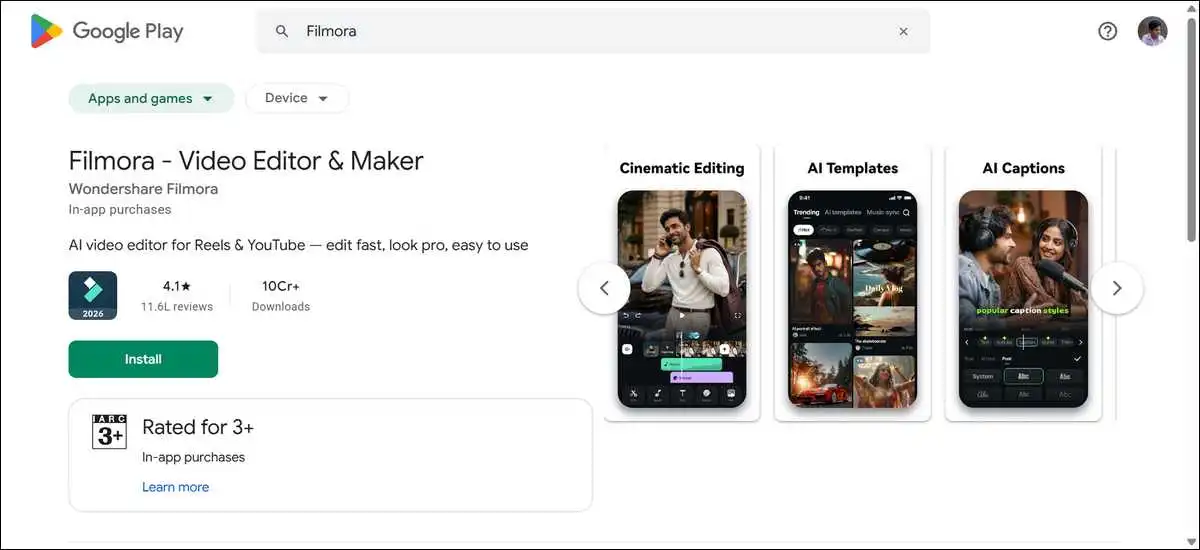 Filmora Android App Status from Google Play