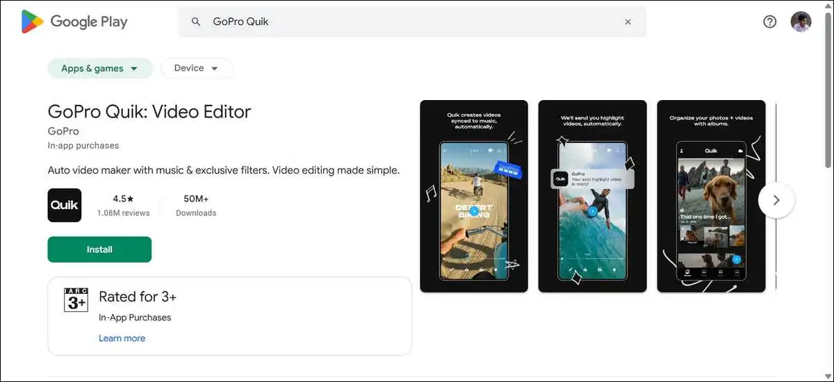 Screenshot of GoPro Quik App listing on Google Play Store