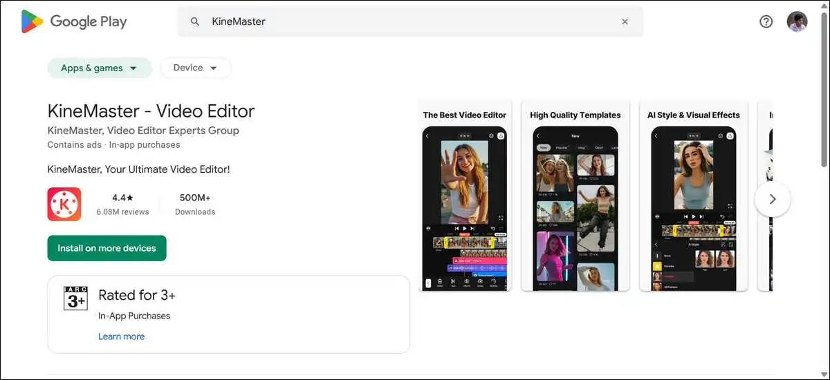 Screenshot of KineMaster App listing on Google Play Store