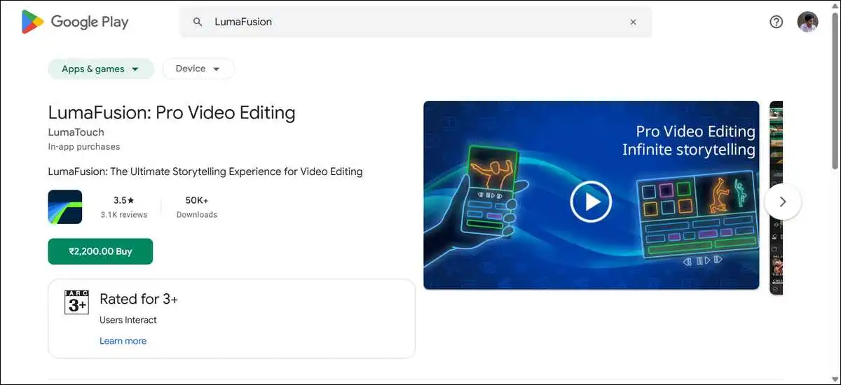 Screenshot of LumaFusion App listing on Google Play Store