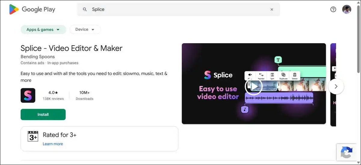 Screenshot of Splice App listing on Google Play Store