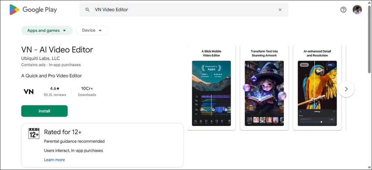 Screenshot of VN Video Editor app listing on Google Play