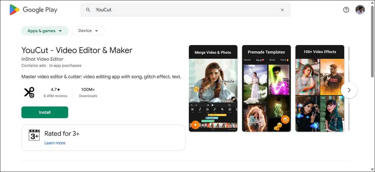 Screenshot of YouCut App listing on Google Play Store
