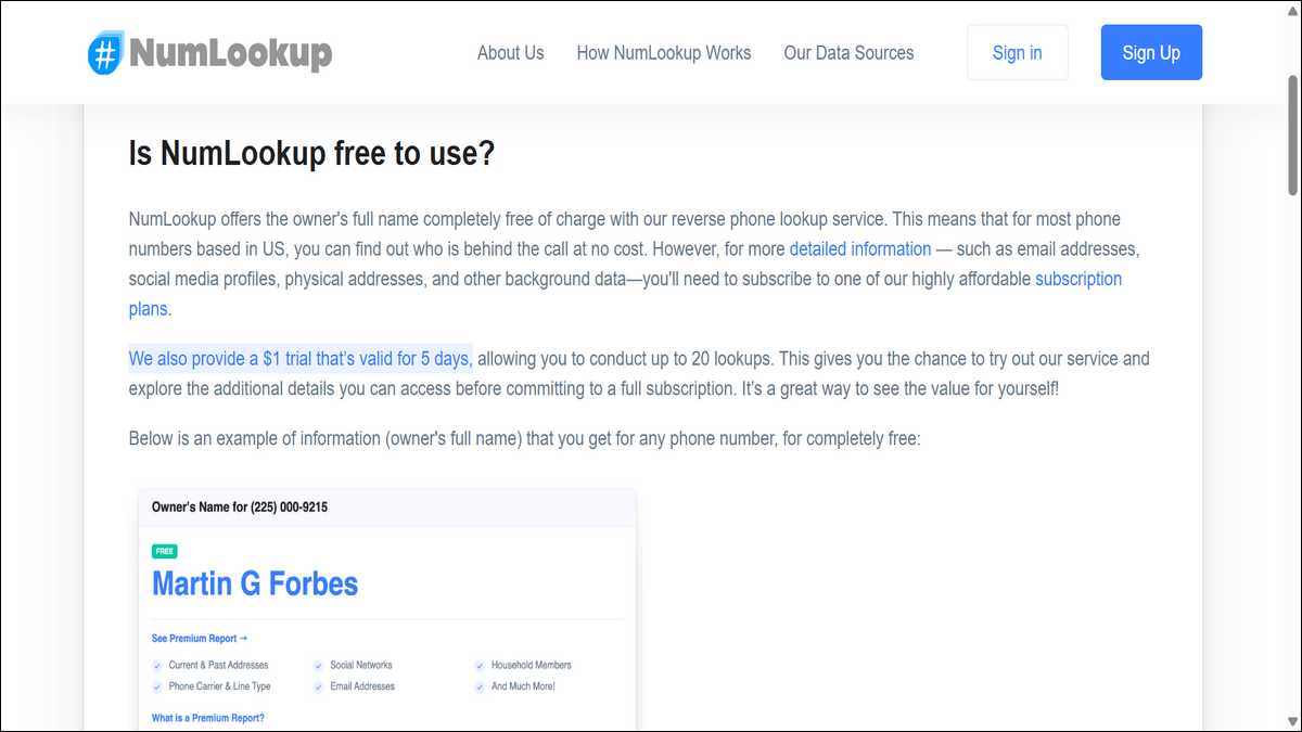 NumLookup offers a short-term trial for $1