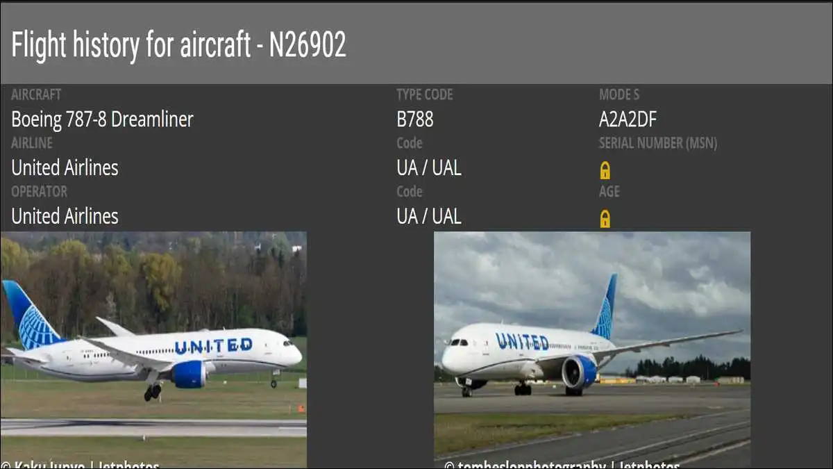 Flightradar24 lists tail number N26902 as a Boeing 787-8, type code B788, operated by United.
