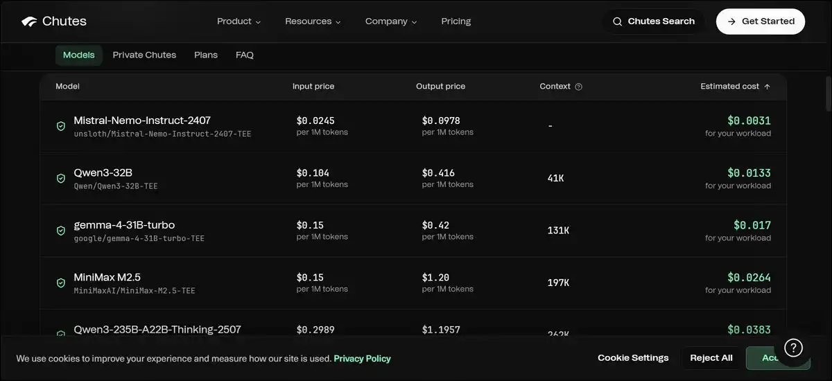 Chutes charges per million tokens for public inference with clear rates and no minimums or idle fees