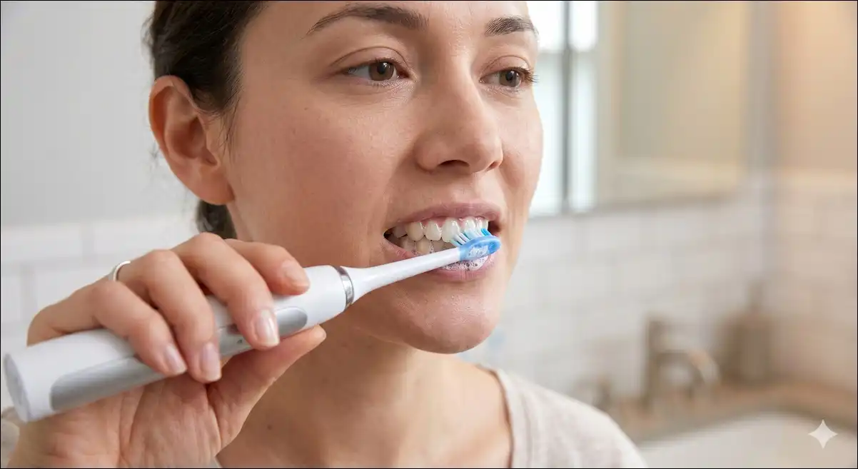 Correct 45-degree electric toothbrush angle at the gumline for plaque removal.
