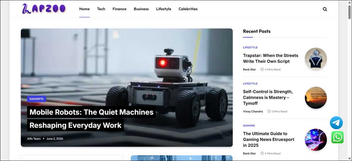 lapzoo.com homepage showing Gadgets Tech Reviews Finance and Lifestyle category links