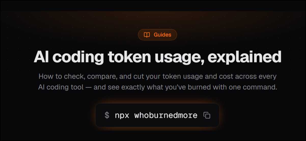 Terminal screenshot showing a sample whoburnedmore console report with token totals, model breakdown, and cache hit rate.