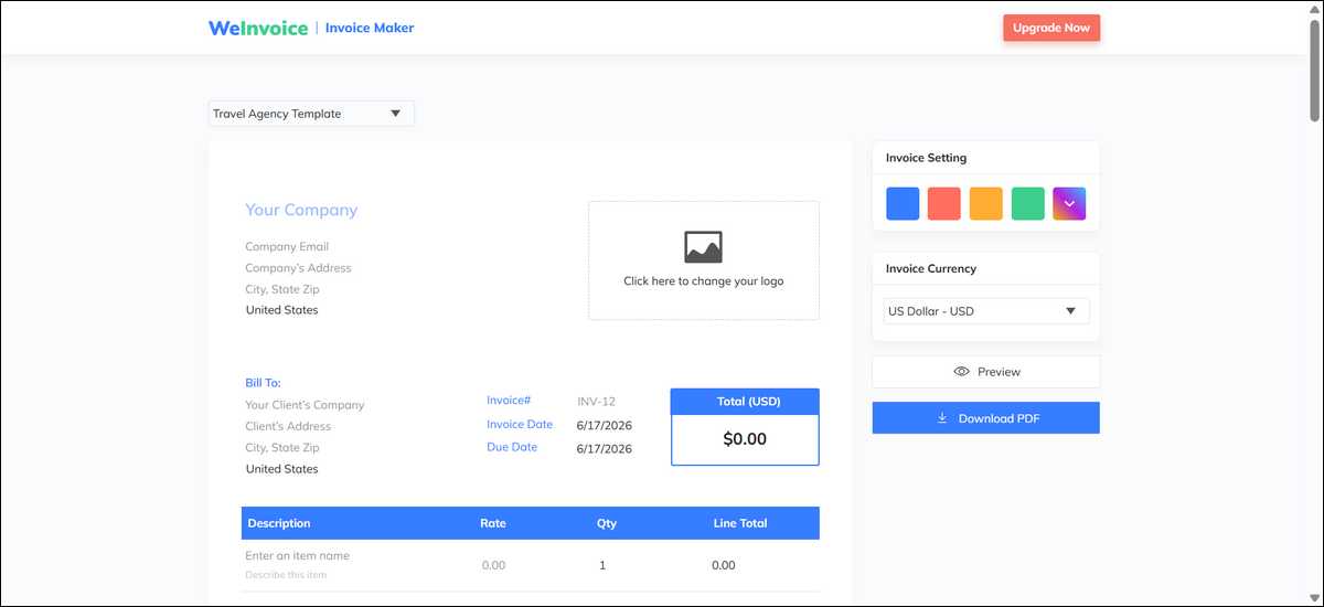 WeInvoice online invoice generator interface with drag-and-drop customization and professional template options for small business use.