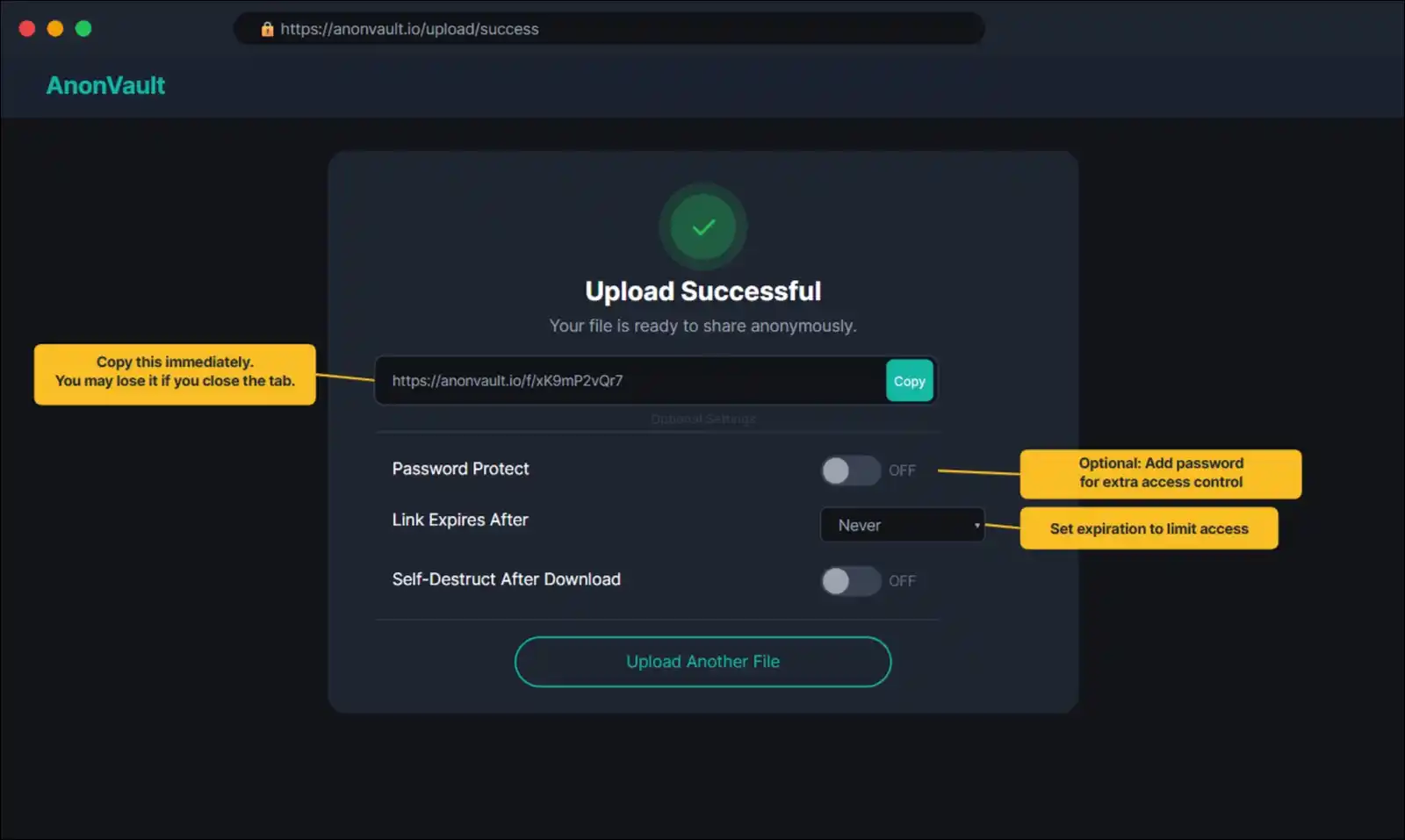 Screenshot of AnonVault post-upload link generation screen.