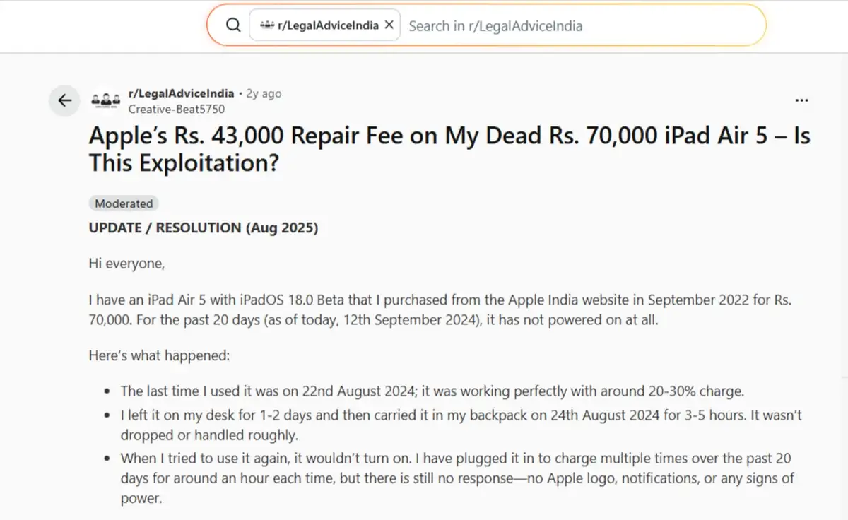 Apple’s Rs. 43,000 Repair Fee on My Dead Rs. 70,000 iPad Air 5