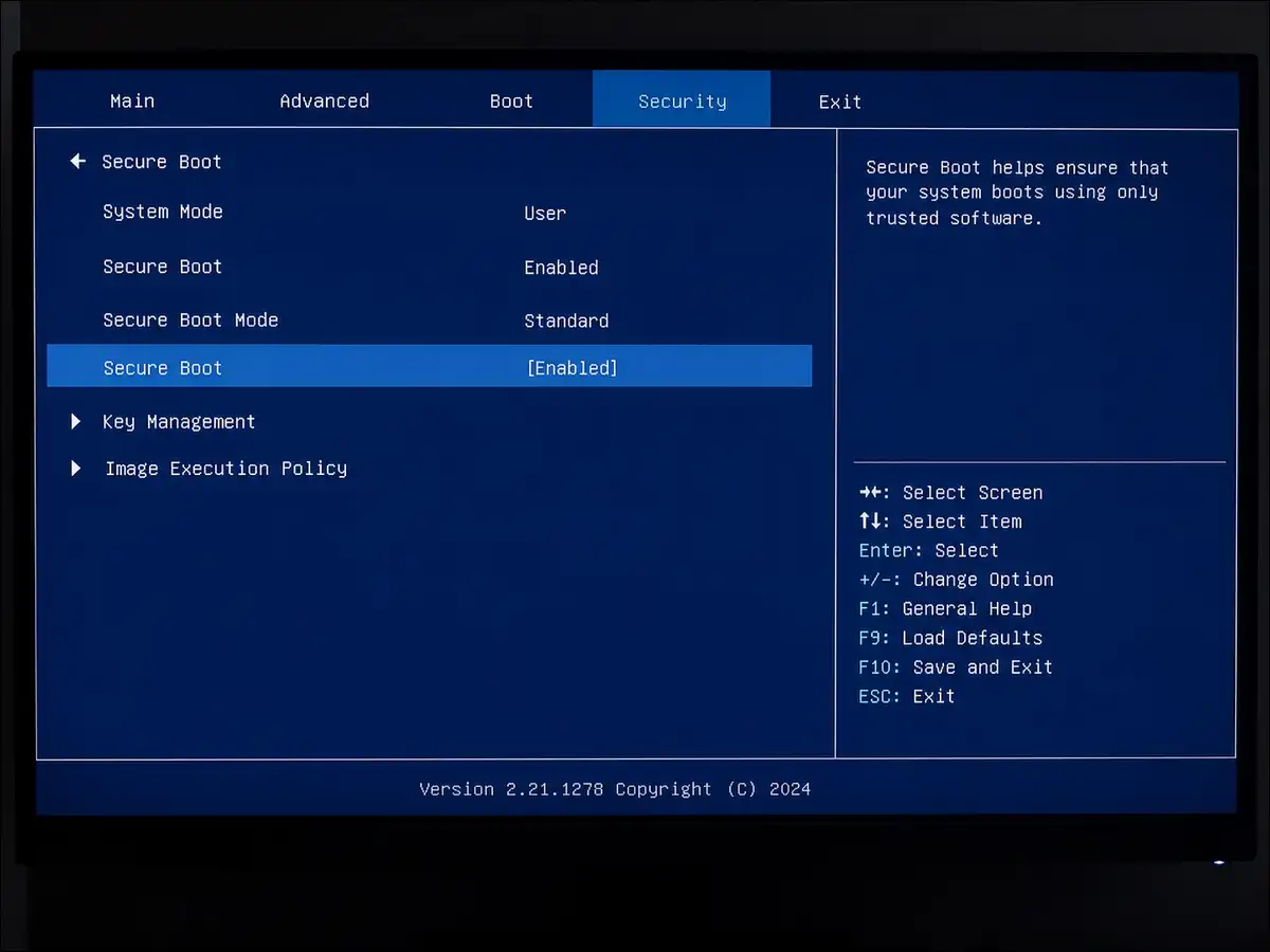BIOS or UEFI firmware setup screen showing the Secure Boot option set to Enabled