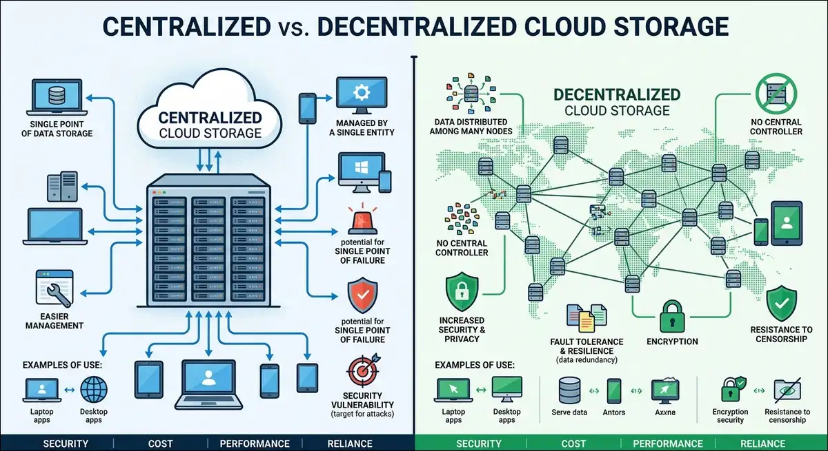Centralized vs decentralized cloud storage: cost comparison, security models, and trade-offs for 2026