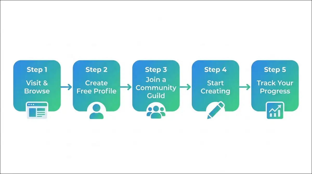 Flowchart showing 5 steps to start using Sosoactive from browsing to creating