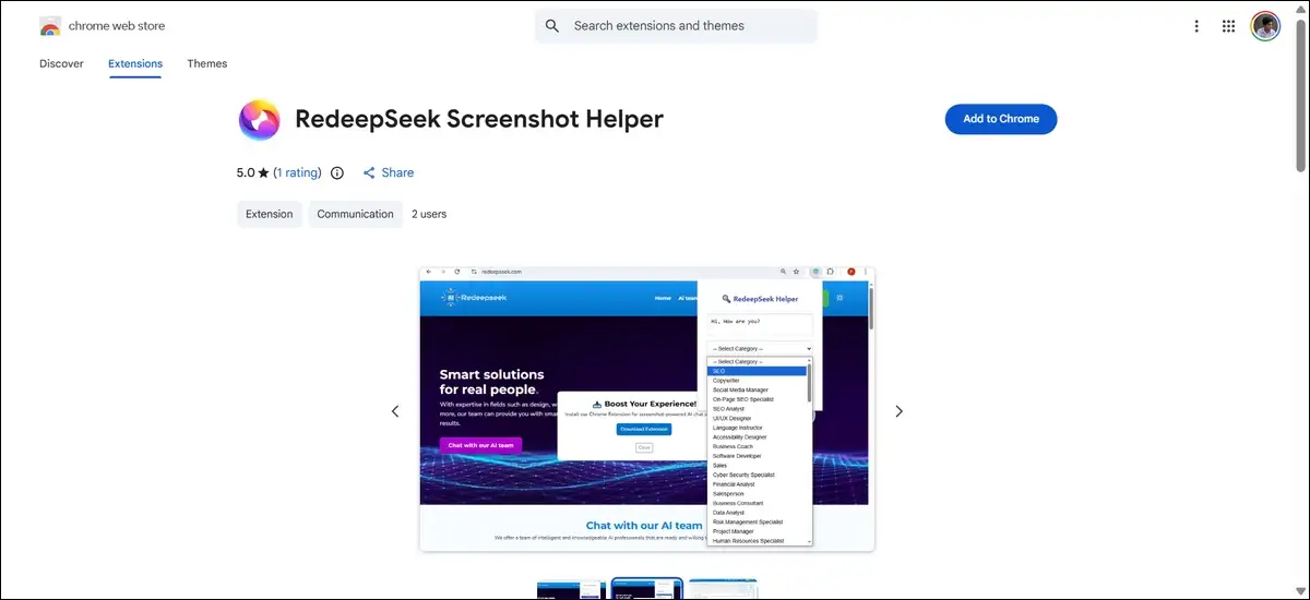 RedeepSeek offers a Chrome extension called "RedeepSeek Screenshot Helper."