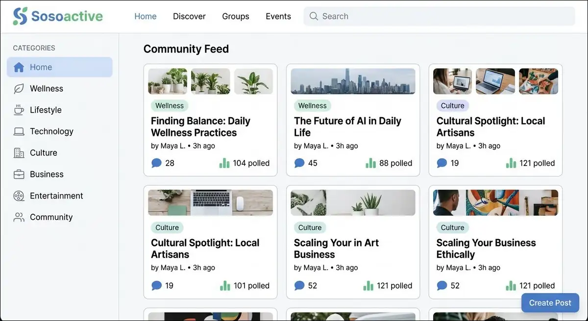 Sosoactive platform homepage showing article categories and community features