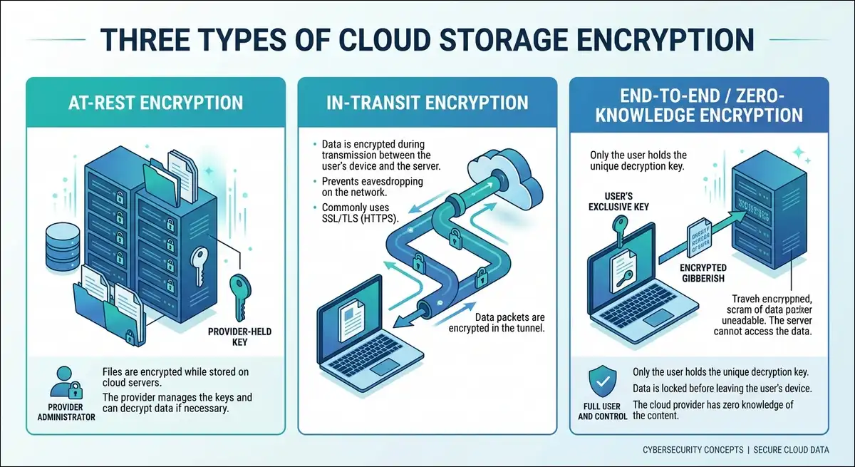 Three types of cloud storage encryption explained at-rest, in-transit, and end-to-end zero-knowledge