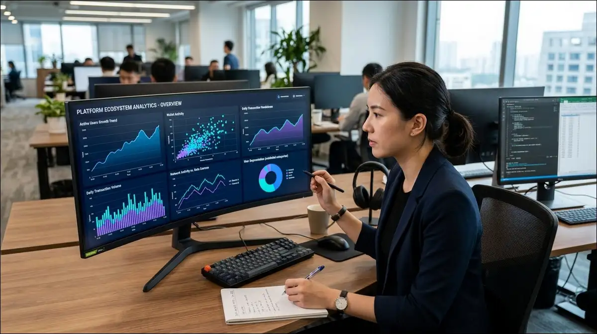 Analyst reviewing Alaya AI user and on-chain transaction activity statistics in 2026