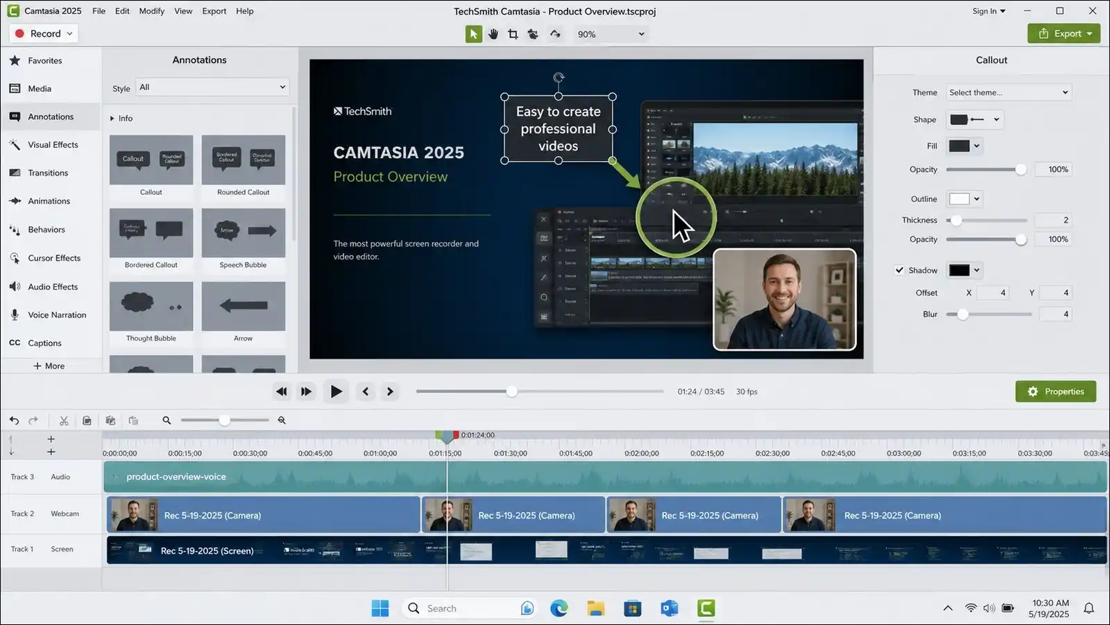 Camtasia 2025 multi-track timeline interface with screen recording, webcam, annotations, and captions visible.