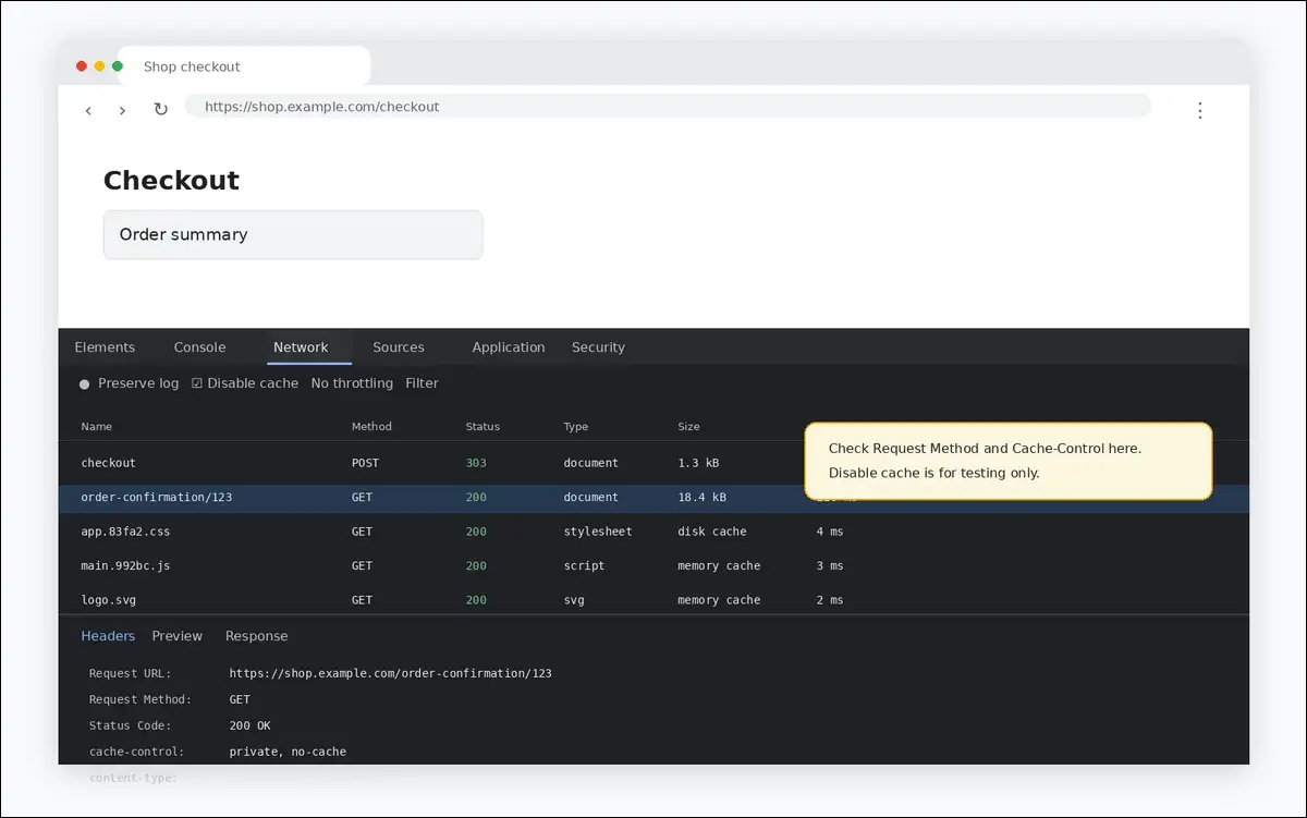 Chrome DevTools Network panel showing request method and Cache-Control headers