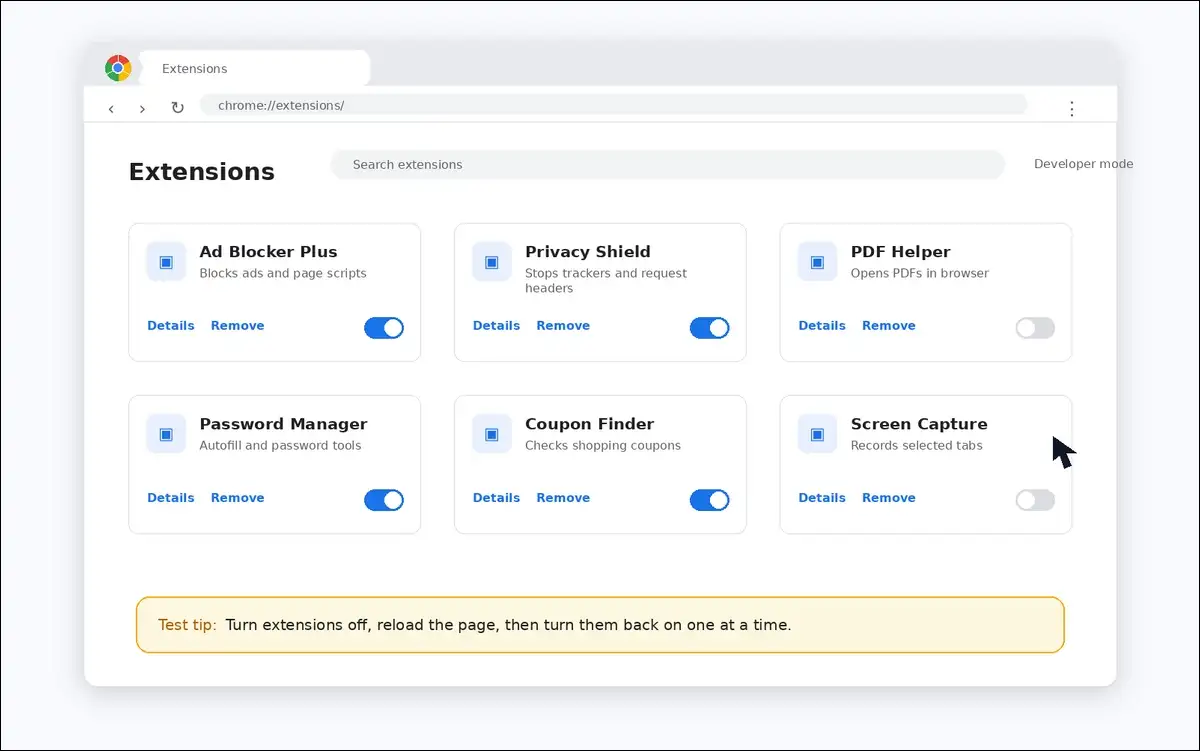 Chrome extensions page showing extension toggles for ERR_CACHE_MISS testing