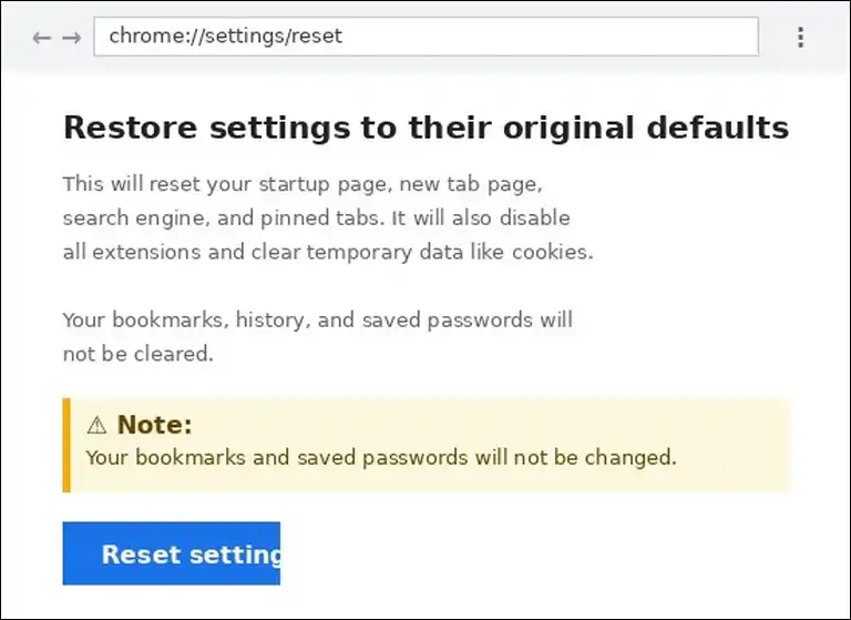 Google Chrome reset settings page at chrome://settings/reset
