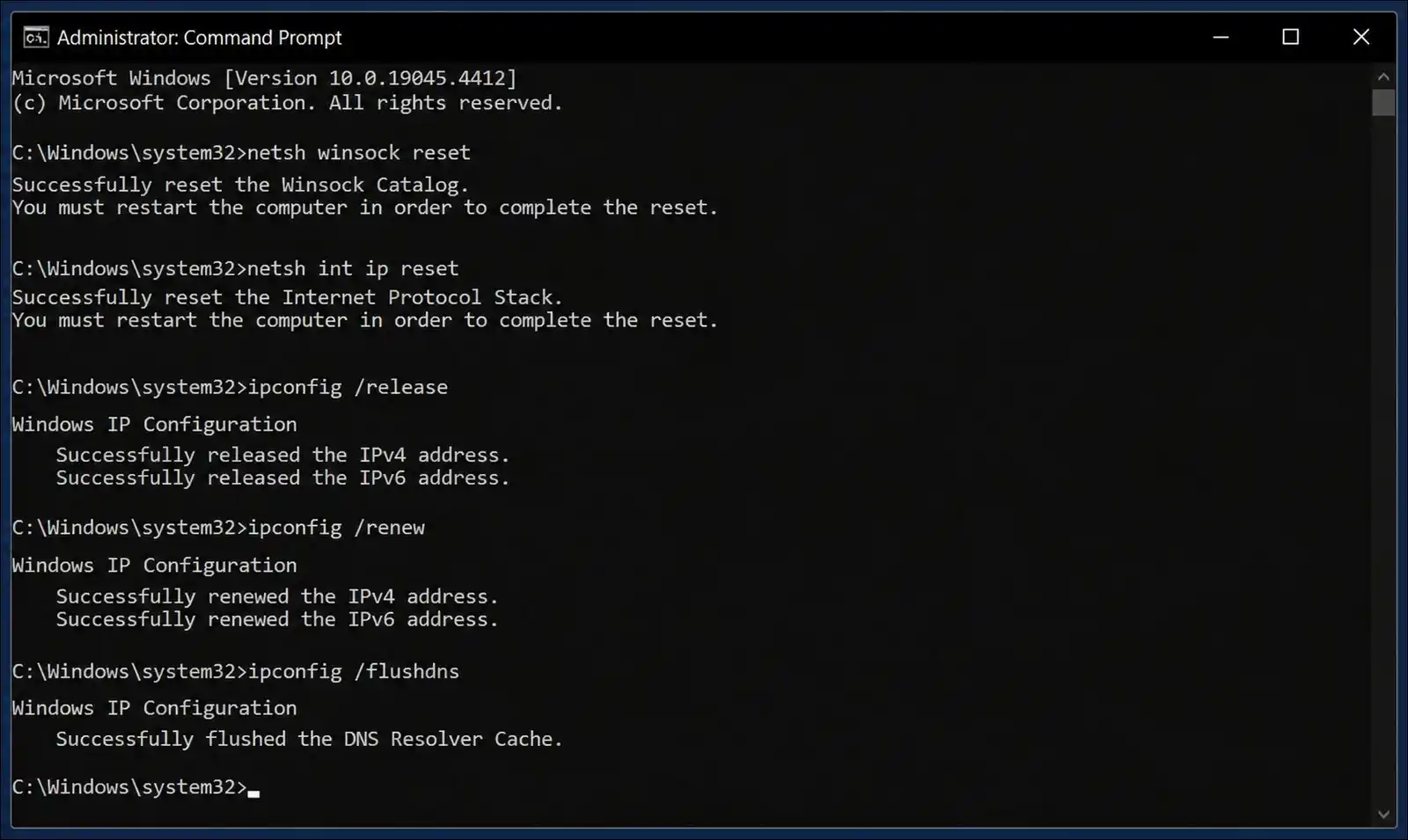 Running netsh winsock reset and netsh int ip reset commands to fix ERR_NETWORK_CHANGED