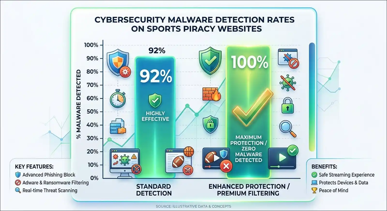 A data chart illustrating malware detection rates on unauthorized sports streaming websites.