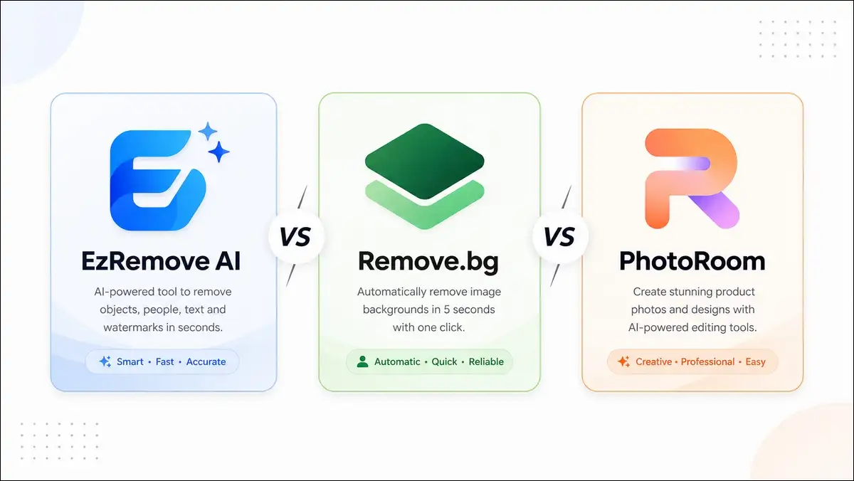 EzRemove AI versus Remove.bg versus PhotoRoom head-to-head comparison banner 2026.