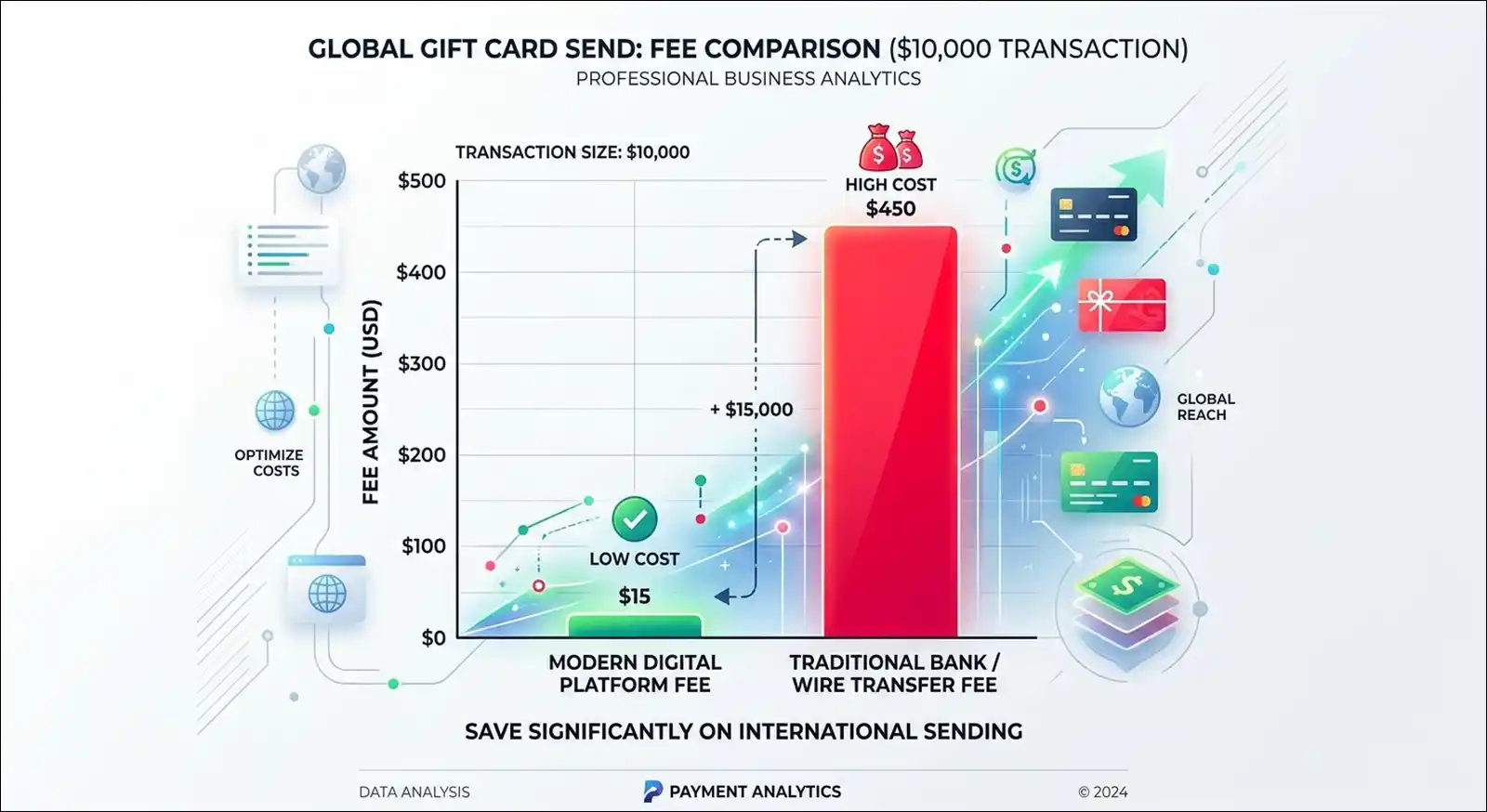 Estimated fees on a ten thousand dollar global gift card send, Giftogram zero dollars versus Tremendous three to nine hundred dollars
