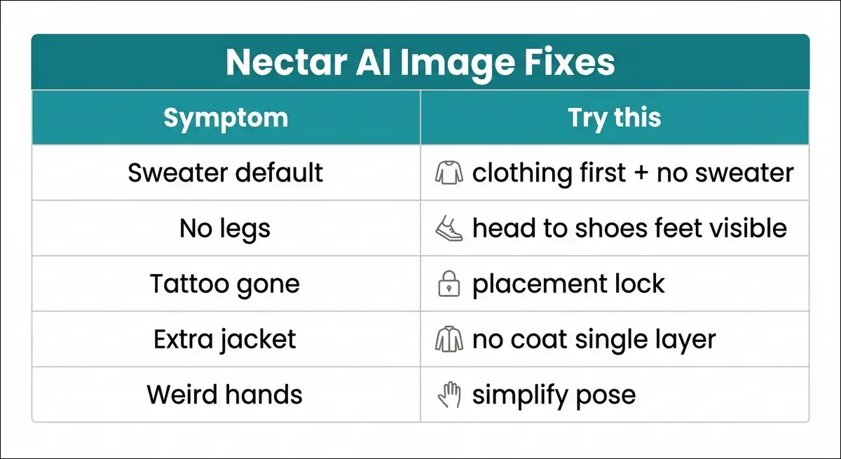 Nectar AI image troubleshooting matrix for clothing full-body and tattoos
