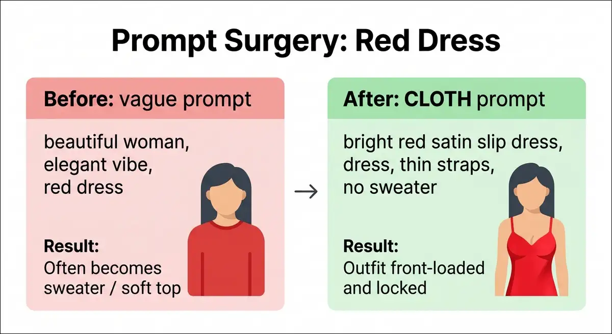 Before and after Nectar AI prompt surgery fixing sweater default to red dress