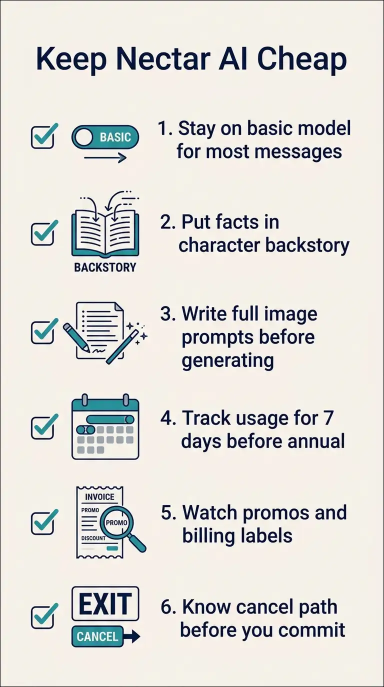 Checklist for lowering Nectar AI monthly spend with model and image habits