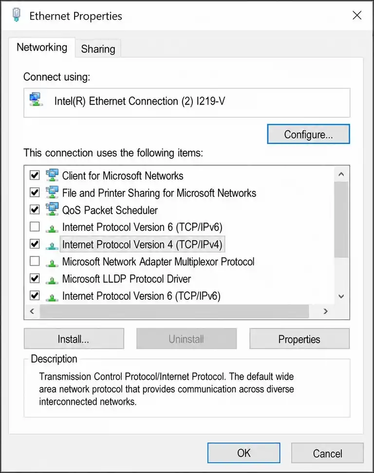 Windows network adapter properties showing IPv6 disabled to resolve ERR_CONNECTION_RESET