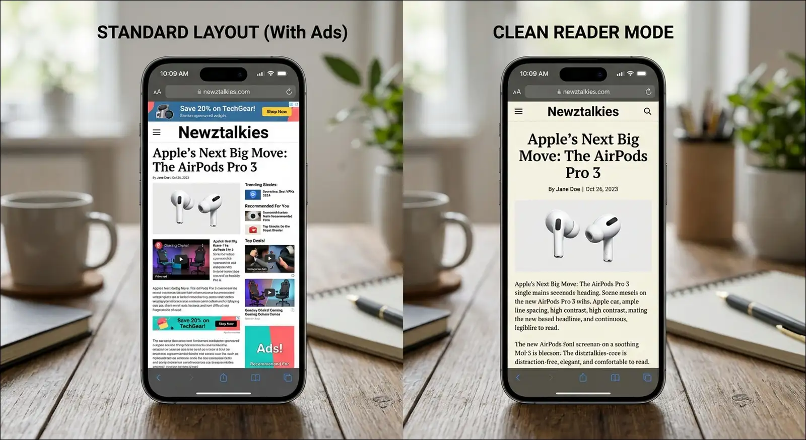 Screenshot comparing the standard Newztalkies article page filled with display ads against the clean text layout in browser reader mode.