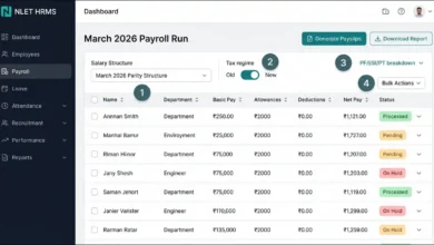 NLET HRMS payroll dashboard showing employee list, net pay, and generate payslip button