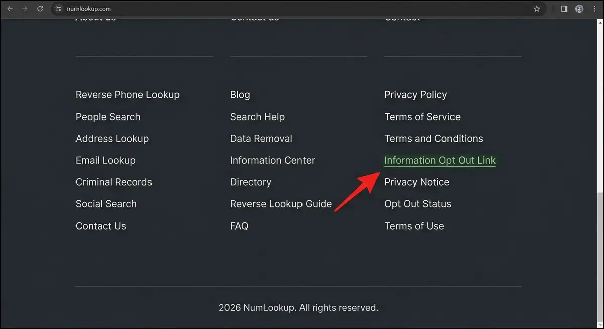 NumLookup footer with Information Opt Out Link highlighted showing where to click to start the opt out process