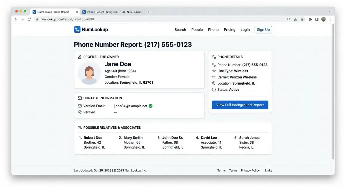 NumLookup search result showing personal information like name, age, location, carrier, and associated relatives.
