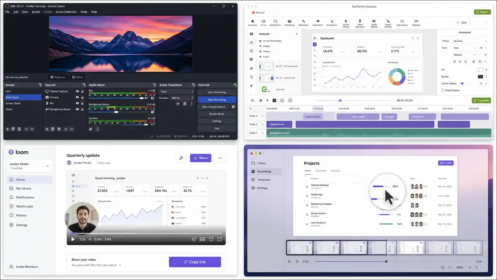 OBS Studio, Camtasia, Loom, and Screen Studio interfaces compared side by side on desktop.
