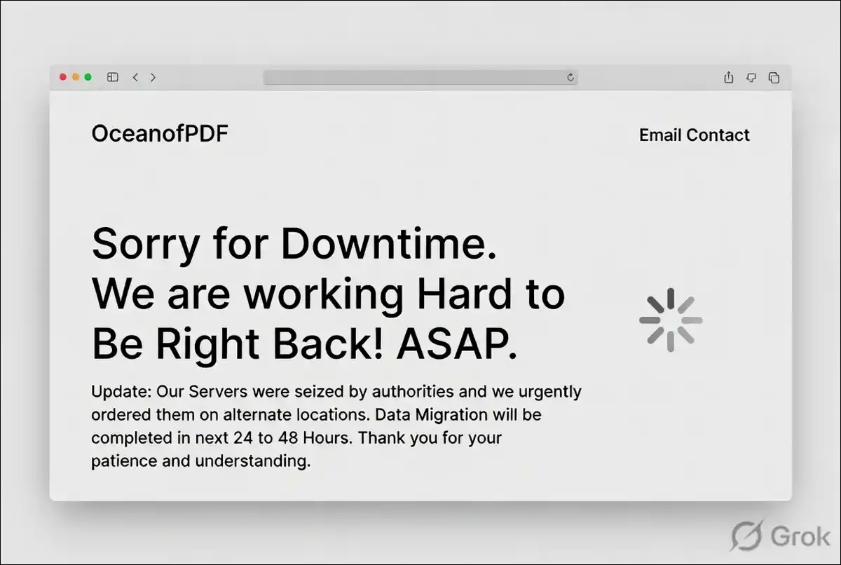 Ocean of PDF faced a clear disruption in early July 2026. The site claimed its servers were seized, and service returned only partially in the following weeks.