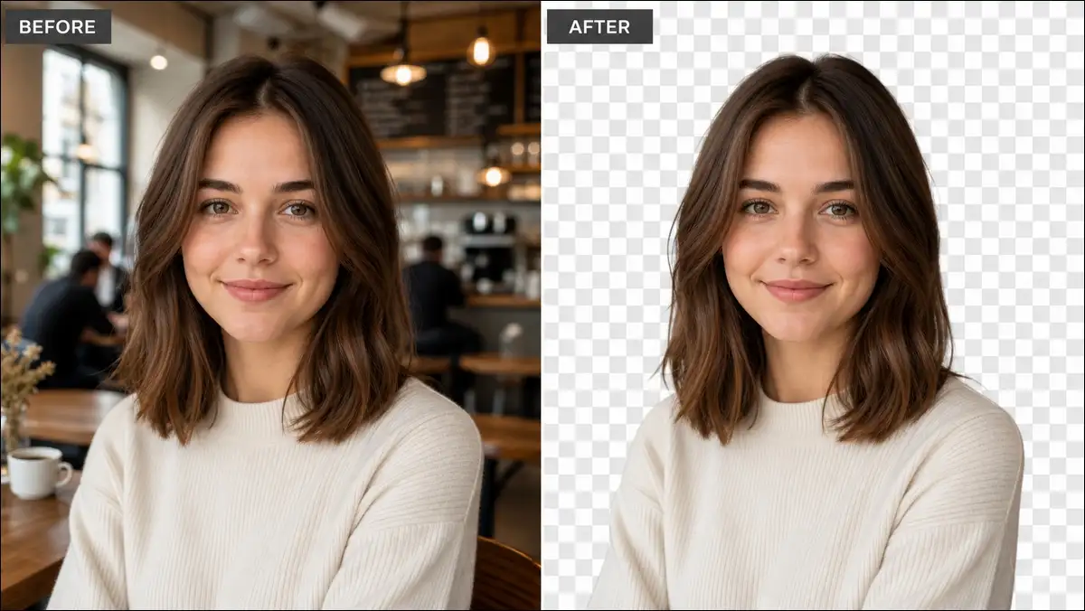 Before and after portrait cutout using EzRemove AI showing clean hair edges