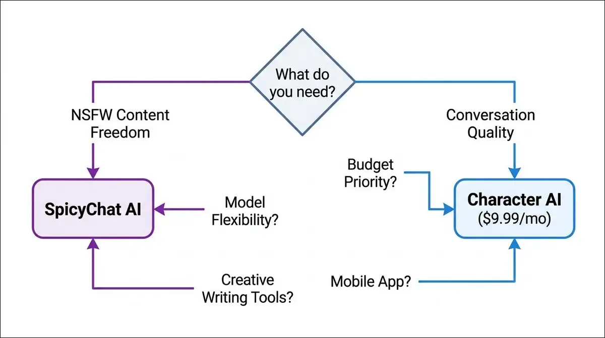 Decision flowchart showing how to choose between SpicyChat AI and Character AI based on user priorities like NSFW content, budget, mobile app, and model flexibility