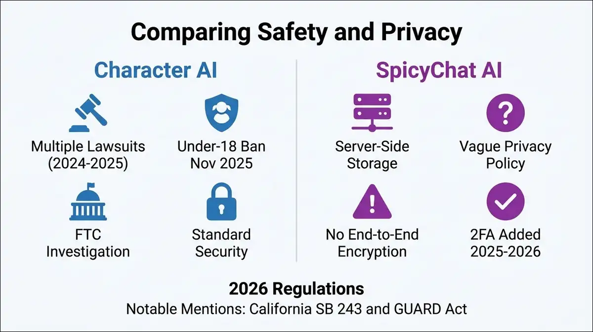 Safety and privacy infographic comparing Character AI lawsuits and FTC investigation with SpicyChat AI server-side storage and vague privacy policy plus 2026 regulations