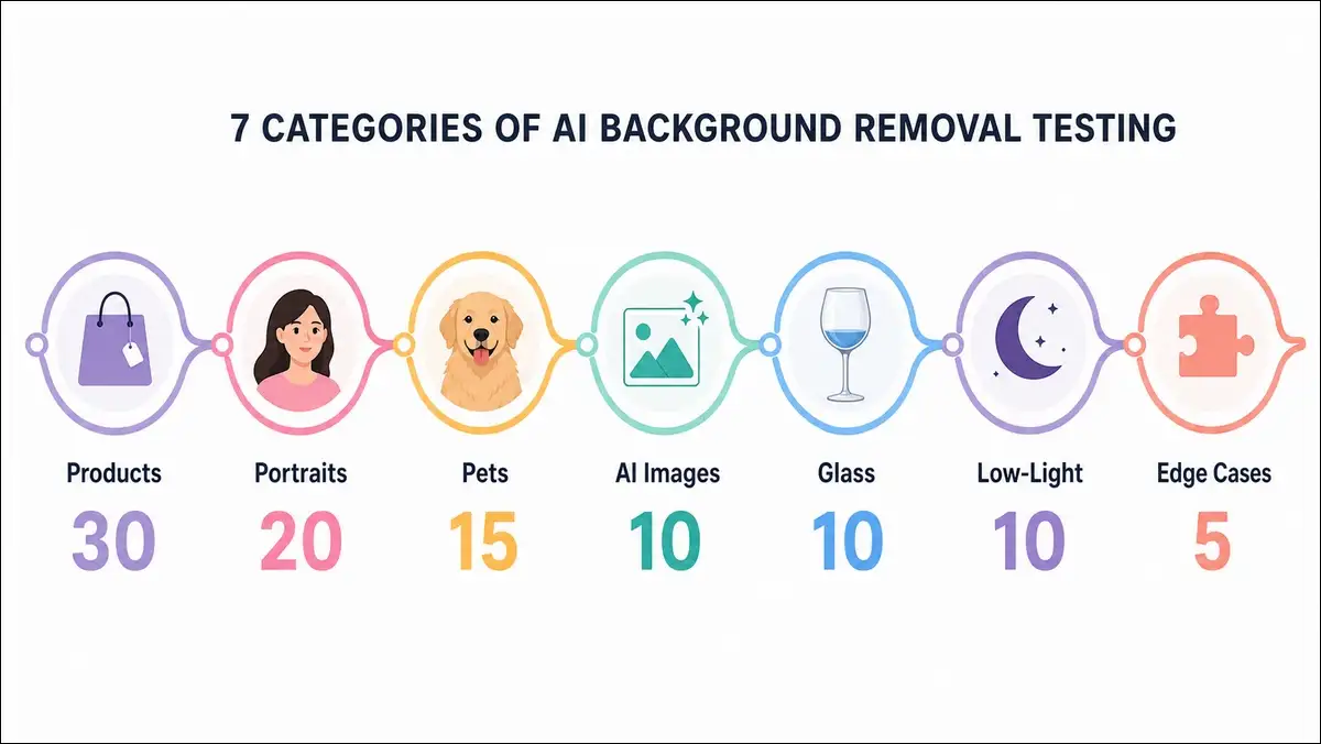EzRemove AI 100-photo test categories: products, portraits, pets, AI images, glass, low-light, edge cases