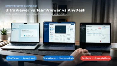 Three laptops comparing UltraViewer, TeamViewer, and AnyDesk for remote support.