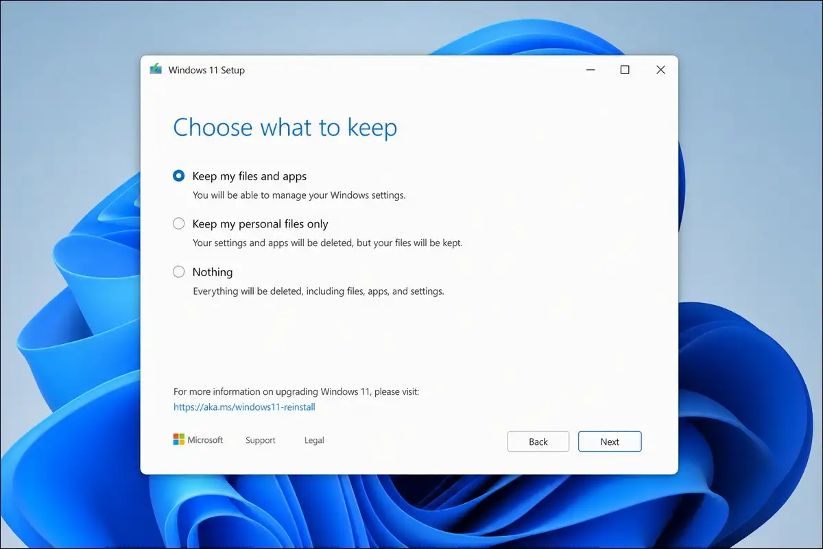 Windows 11 setup choose keep my files and apps during Assistant repair reinstall