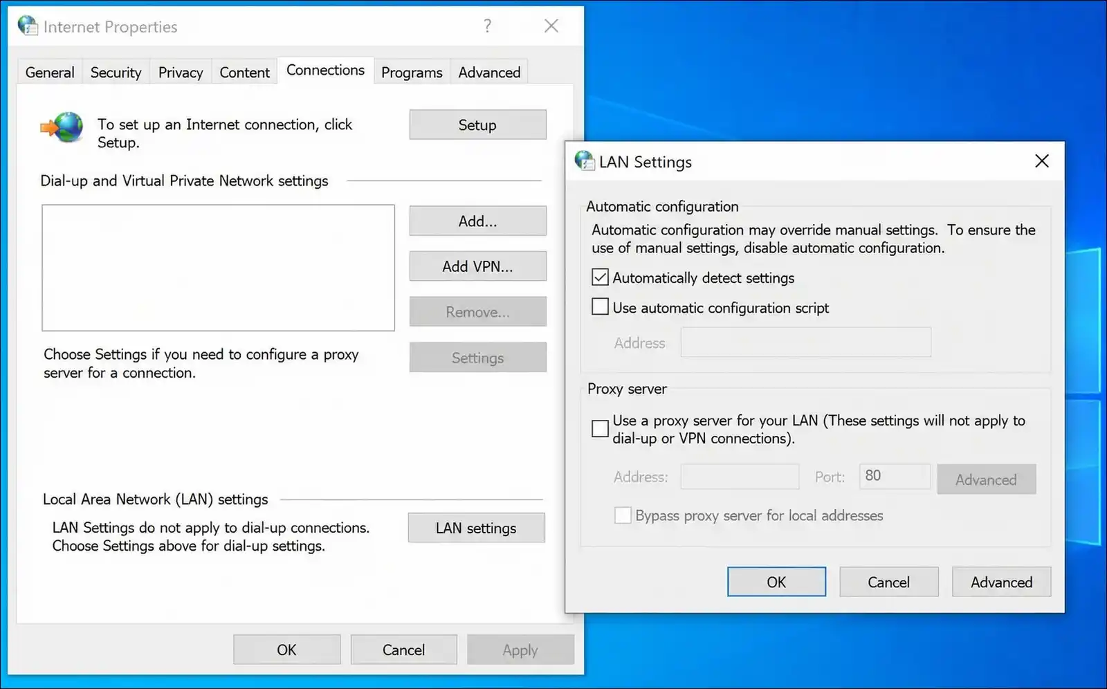 Windows LAN settings showing proxy server disabled to fix ERR_CONNECTION_RESET
