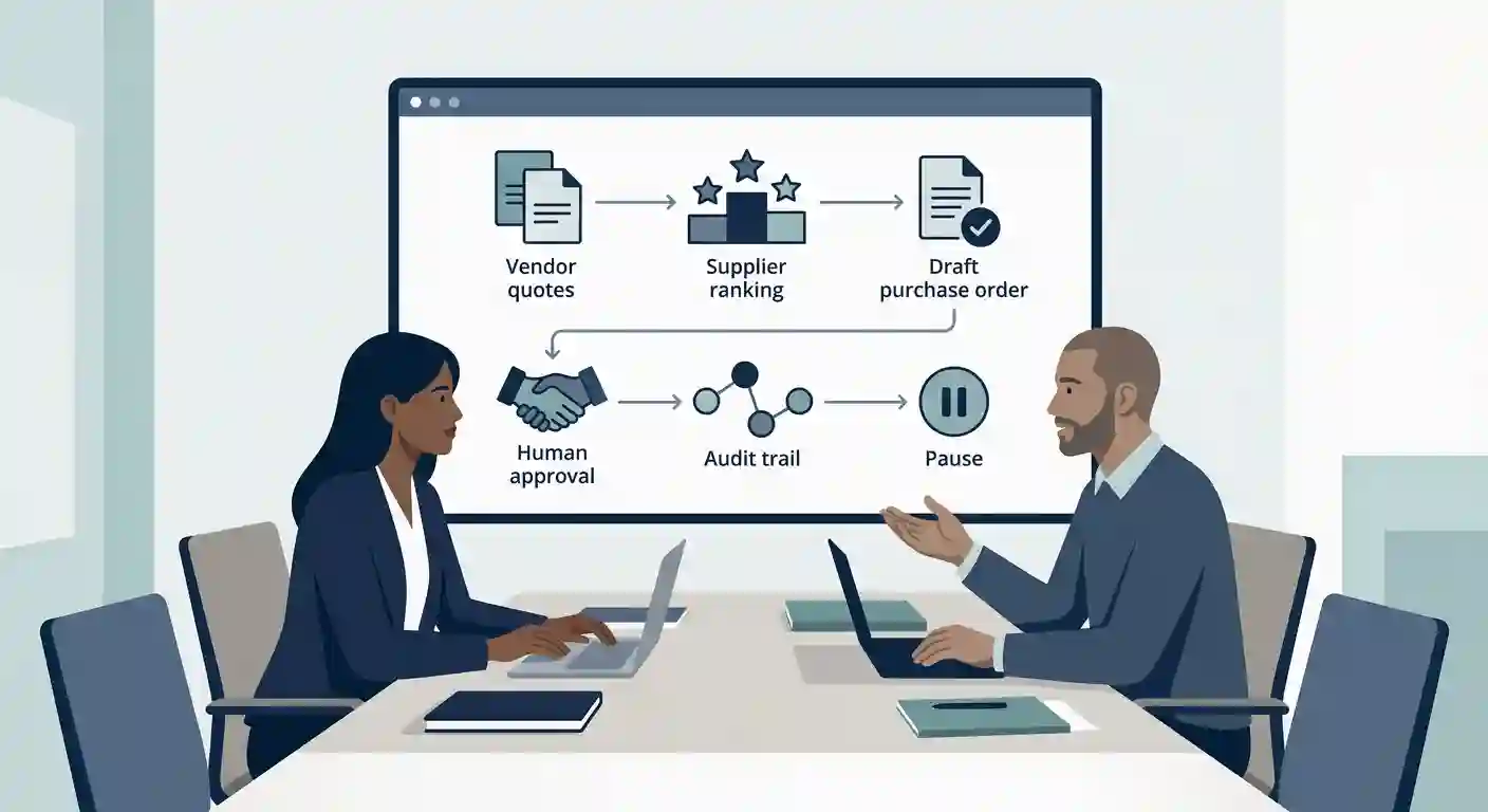 Business leaders conducting a tabletop test for an AI purchase-order agent with human approval, audit trail, and pause controls.