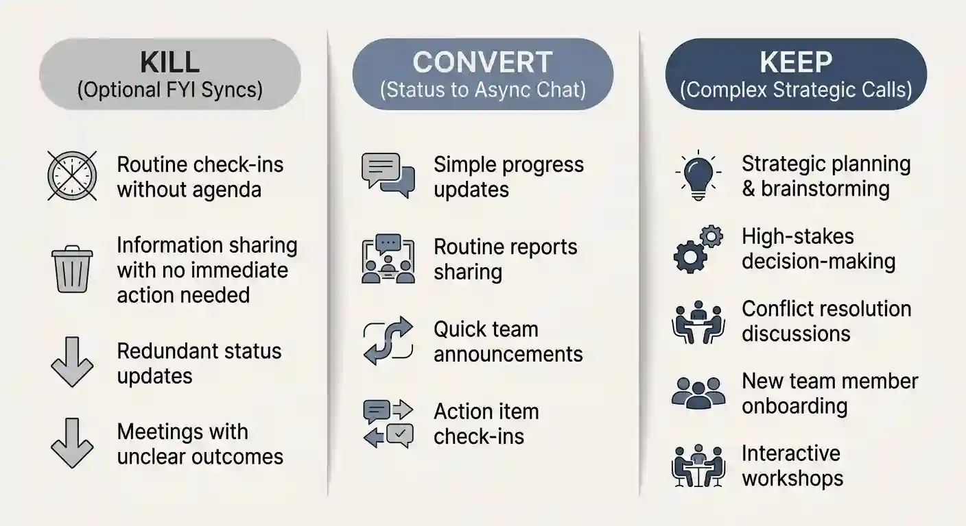 Enterprise communication decision matrix table comparing synchronous meetings and flipped chat